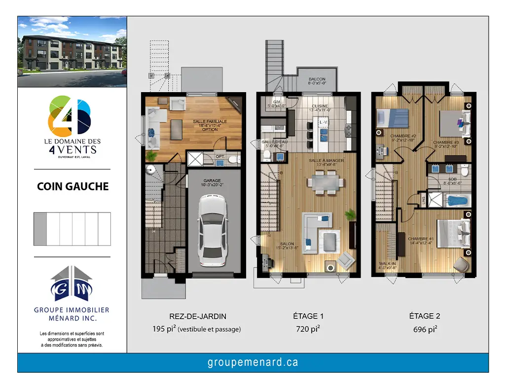 Plans d’un projet de maisons de ville neuves à vendre avec garage, aire ouverte et trois chambres.