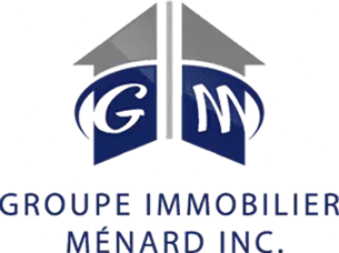 Logo Groupe Immobilier Ménard, symbole de toit stylisé bleu et gris avec initiales GM et texte corporatif dessous.
