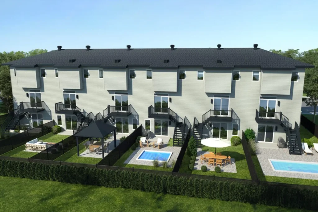 Maisons de ville modernes avec terrasses, piscines et cours privées, projet de maisons de ville neuves à Laval