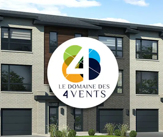 Logo Le Domaine des 4 Vents sur façades modernes de maisons de ville neuves à Laval