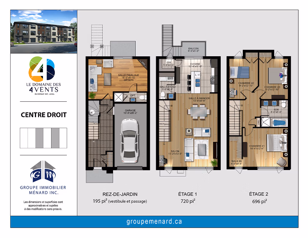 Plan du projet de maisons de ville à Laval "Le Domaine des 4 Vents" qui montre le modèle centre droit. À gauche de l’image, on voit une photo extérieure des maisons en rangée avec une architecture contemporaine, ainsi que le logo coloré du projet. Les plans d’étages détaillés sont affichés pour trois niveaux : au rez-de-jardin (195 pi²), on trouve l’entrée, un escalier, un passage et un garage simple, avec une salle familiale optionnelle située à l’arrière. À l’étage 1 (720 pi²), l’espace principal est à aire ouverte avec un salon, une salle à manger et une cuisine donnant sur un balcon. À l’étage 2 (696 pi²), il y a trois chambres, dont une chambre principale avec walk-in, ainsi qu’une salle de bain complète. Le logo du Groupe Immobilier Ménard est également affiché, ainsi qu’une note indiquant que les dimensions peuvent varier.