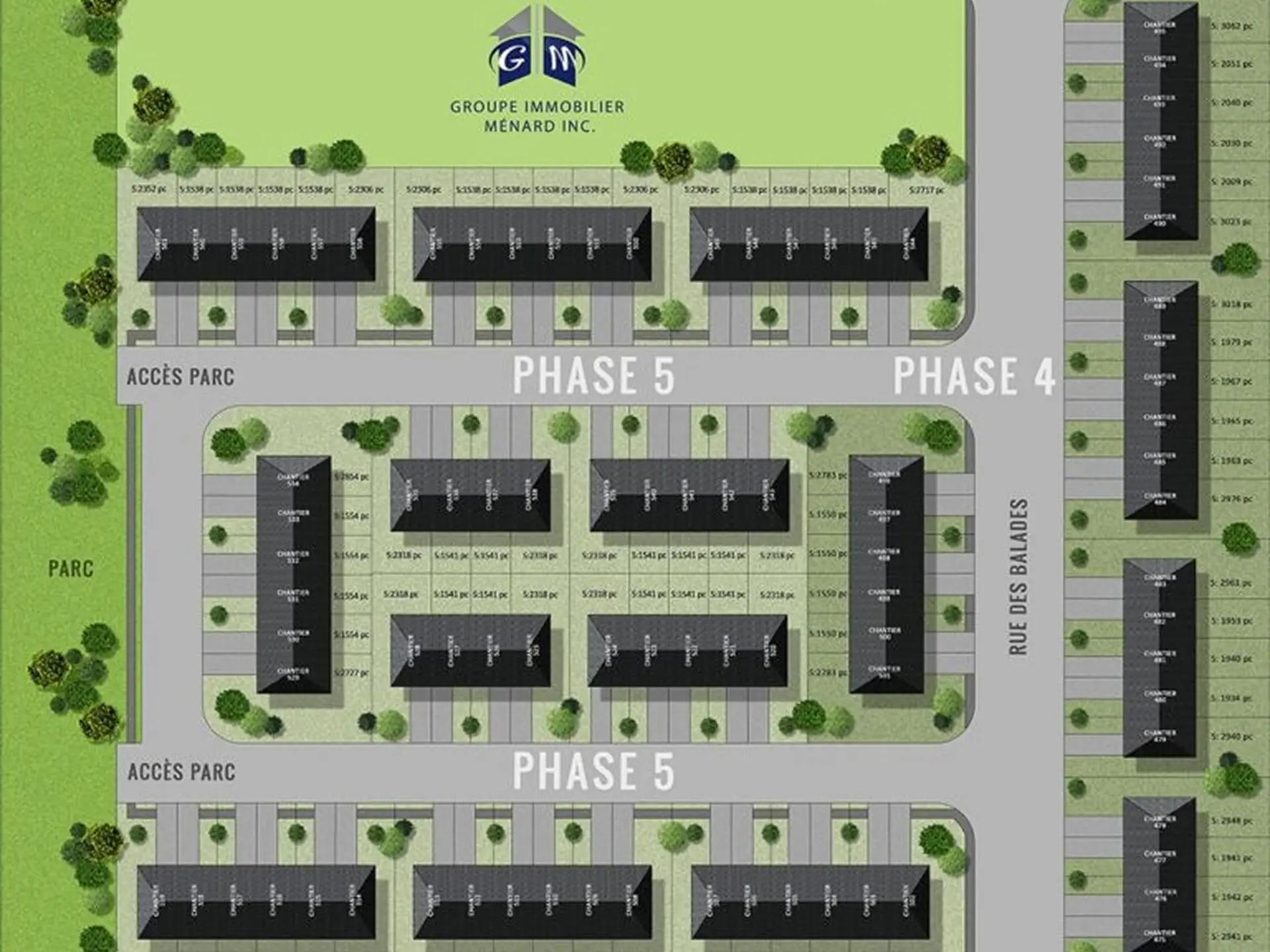 Plan d’aménagement de maisons de ville neuves avec phases, rues et parc, signé Groupe Immobilier Ménard Inc.